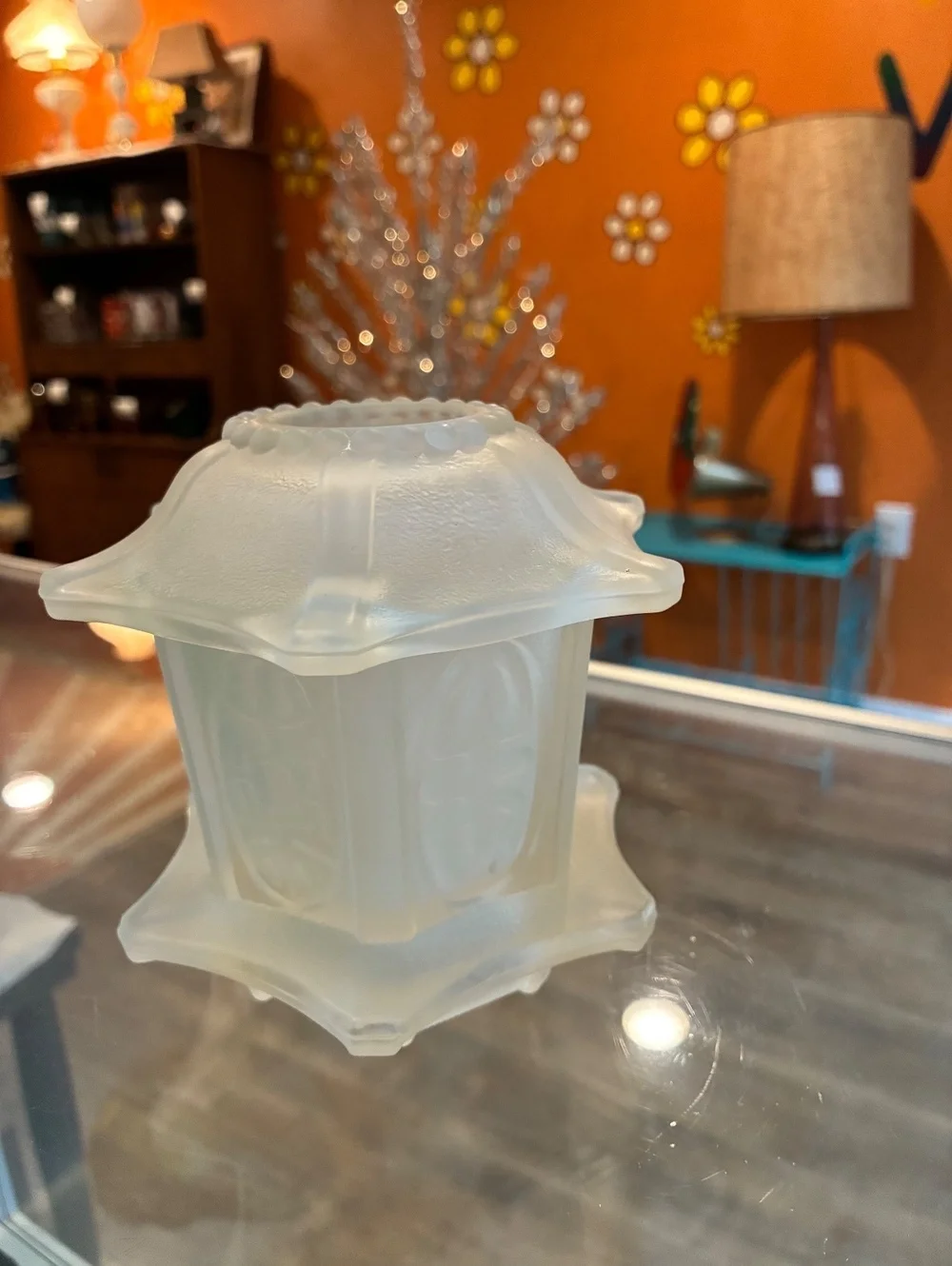 Indiana Glass Satin Pagoda Fairy Lamp Frosted Vintage Candle Holder
